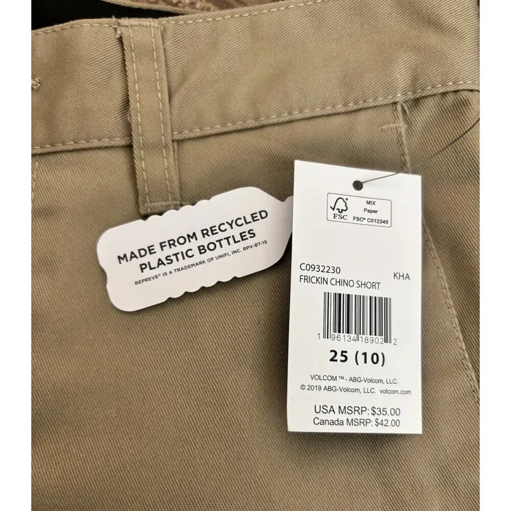 NWT Volcom Boys Frickin Chino Shorts Size 25 Khaki Modern Straight Uniform